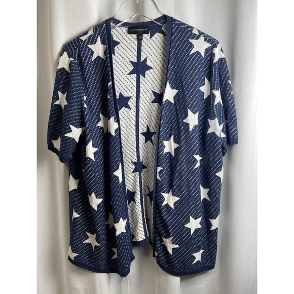Lane Bryant Blue White Star Pattern Short Sleeve Open Cardigan Sweater Sz 14/16 - Picture 3 of 6
